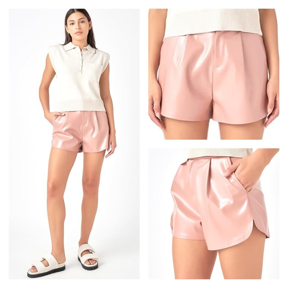 NWT GREY LAB Women's High-Waisted Faux Leather Preppy Shorts, Dusty Rose L